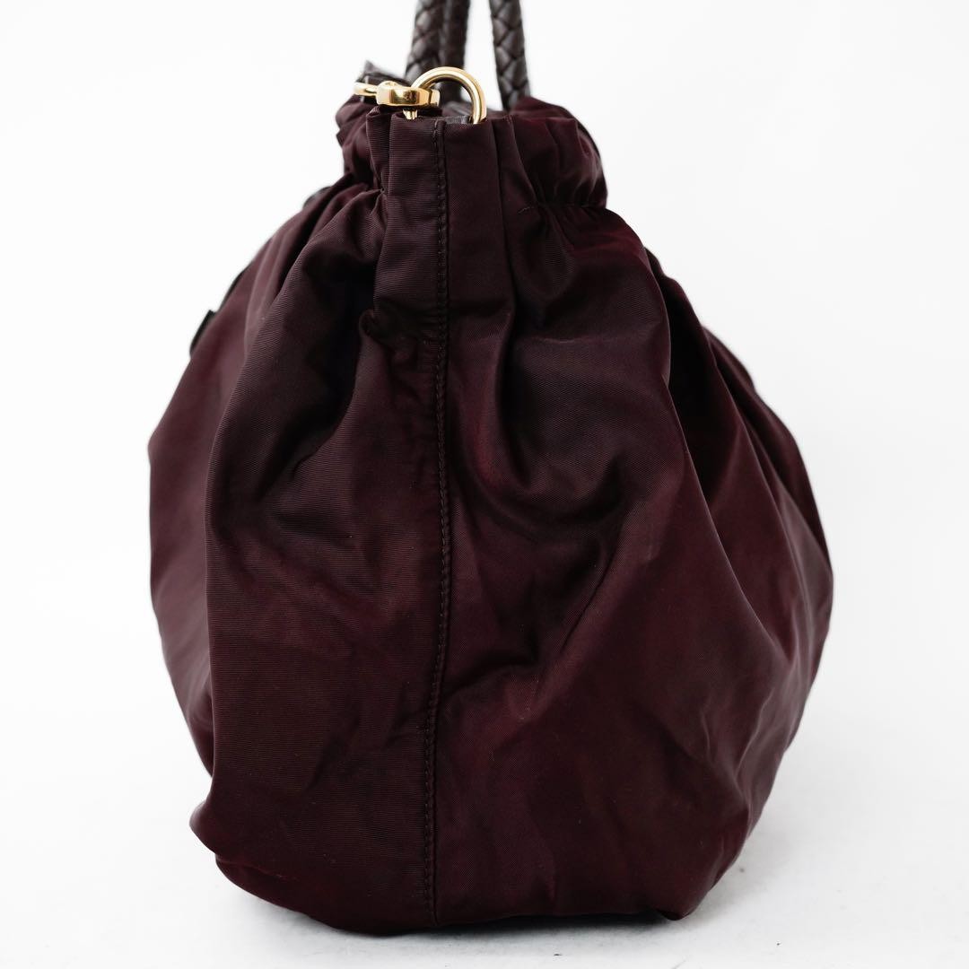 PRADA Hand Shoulder Bag Tote Purse 2way Nylon Leather Wine Red Authentic