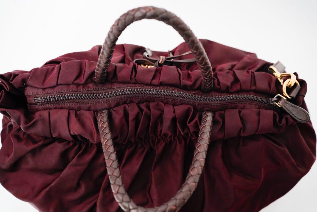 PRADA Hand Shoulder Bag Tote Purse 2way Nylon Leather Wine Red Authentic