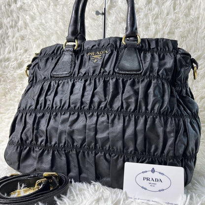 PRADA Hand Shoulder Bag Tote Purse 2way Nylon Leather Black Authentic