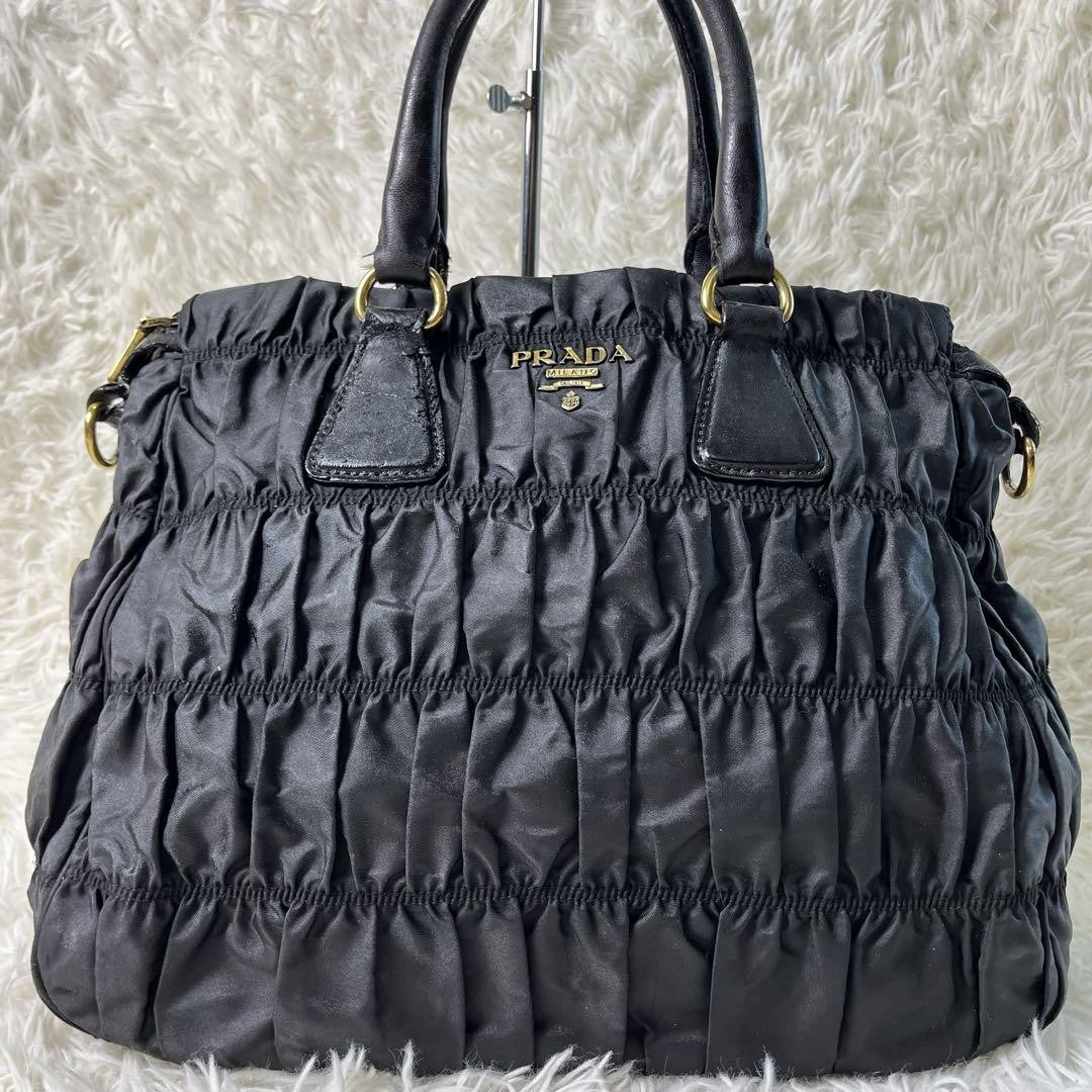 PRADA Hand Shoulder Bag Tote Purse 2way Nylon Leather Black Authentic