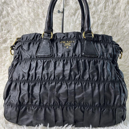 PRADA Hand Shoulder Bag Tote Purse 2way Nylon Leather Black Authentic
