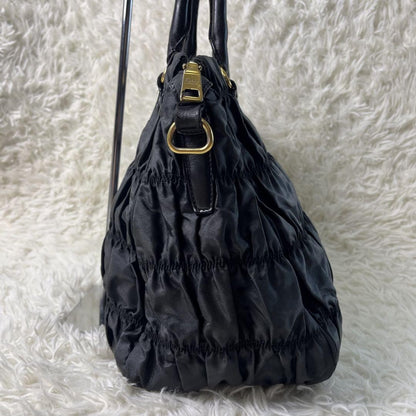 PRADA Hand Shoulder Bag Tote Purse 2way Nylon Leather Black Authentic