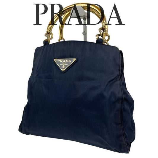 PRADA Hand Bag Tote Purse Logo Nylon Dark Navy Authentic
