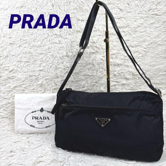 PRADA Shoulder Camera Bag Purse Logo Nylon Leather Black Authentic
