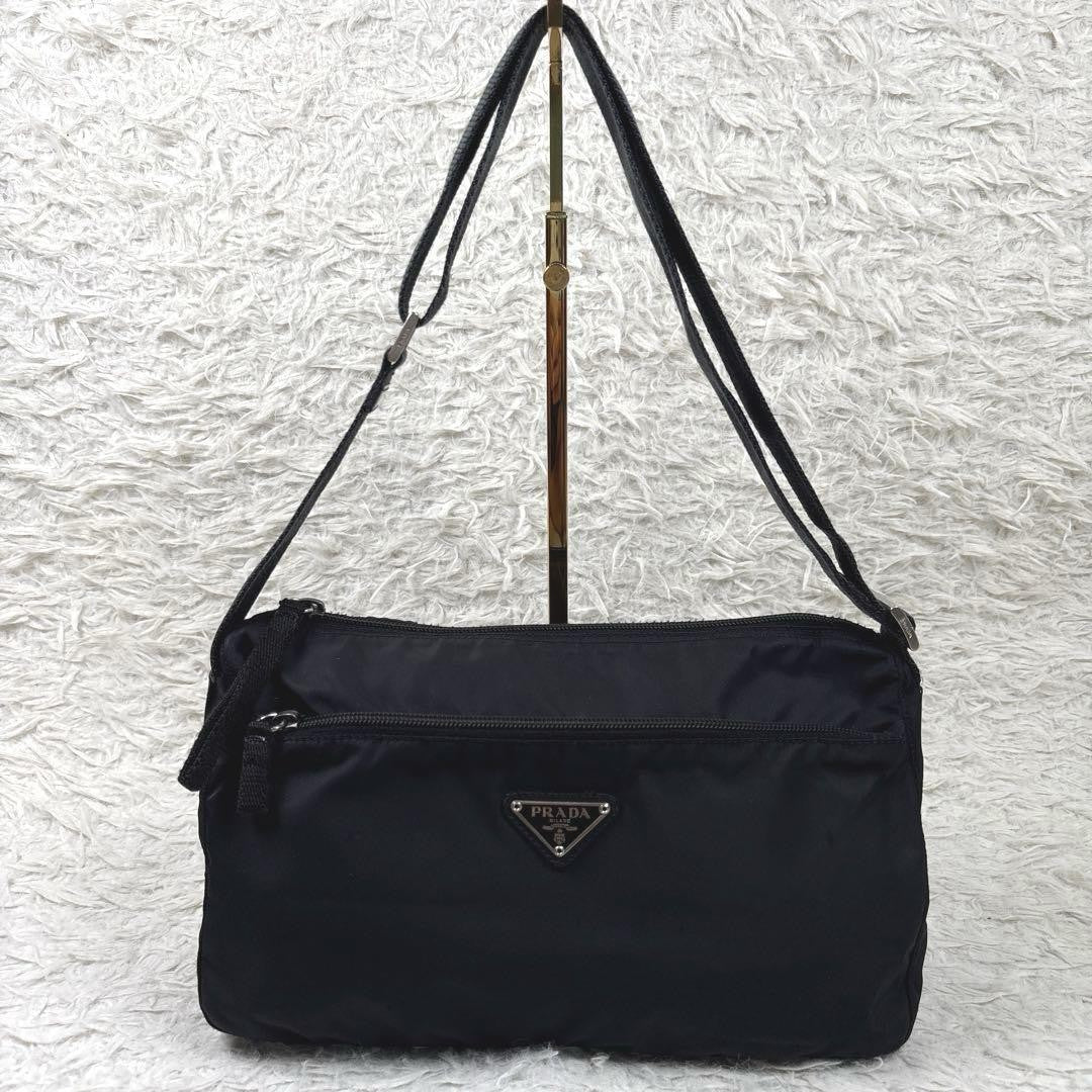 PRADA Shoulder Camera Bag Purse Logo Nylon Leather Black Authentic