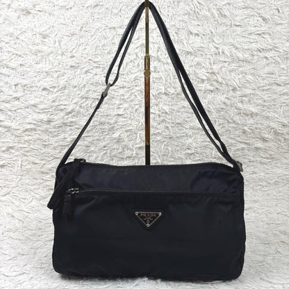 PRADA Shoulder Camera Bag Purse Logo Nylon Leather Black Authentic