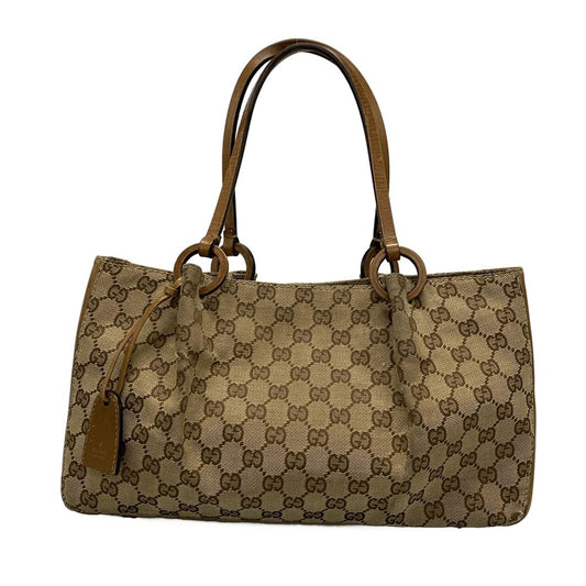 GUCCI Hand Bag Tote Purse GG Jacquard Leather Beige Brown Authentic