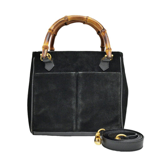 GUCCI Hand Shoulder Bag Tote Purse 2way Bamboo Suede Black Authentic