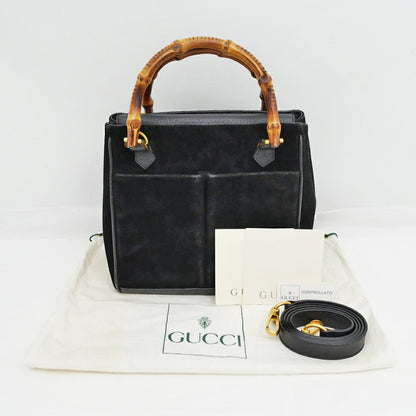 GUCCI Hand Shoulder Bag Tote Purse 2way Bamboo Suede Black Authentic