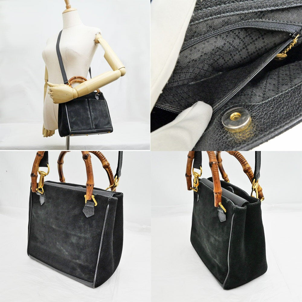 GUCCI Hand Shoulder Bag Tote Purse 2way Bamboo Suede Black Authentic