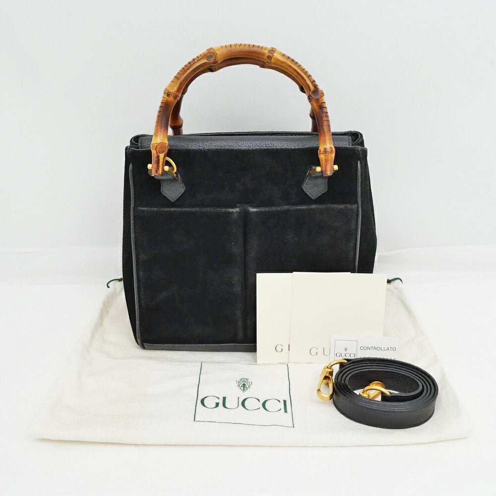 GUCCI Hand Shoulder Bag Tote Purse 2way Bamboo Suede Black Authentic