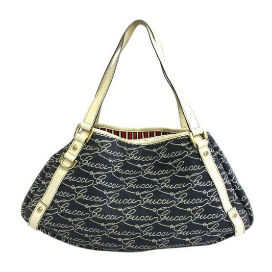 GUCCI Shoulder Bag Purse Canvas Leather Navy Off White Authentic