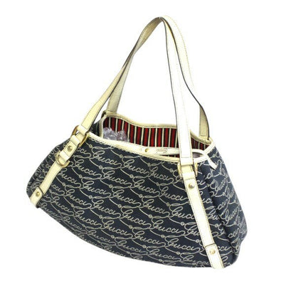 GUCCI Shoulder Bag Purse Canvas Leather Navy Off White Authentic