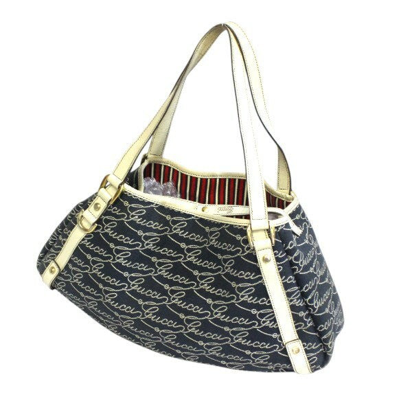 GUCCI Shoulder Bag Purse Canvas Leather Navy Off White Authentic