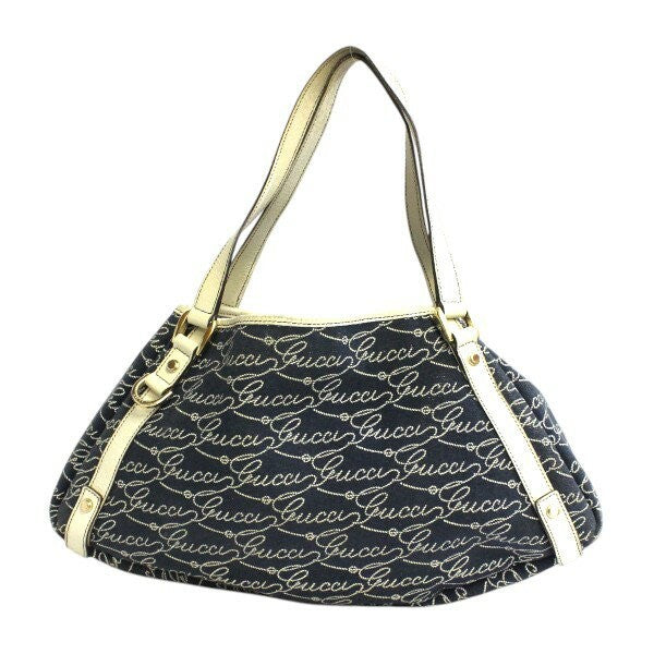 GUCCI Shoulder Bag Purse Canvas Leather Navy Off White Authentic
