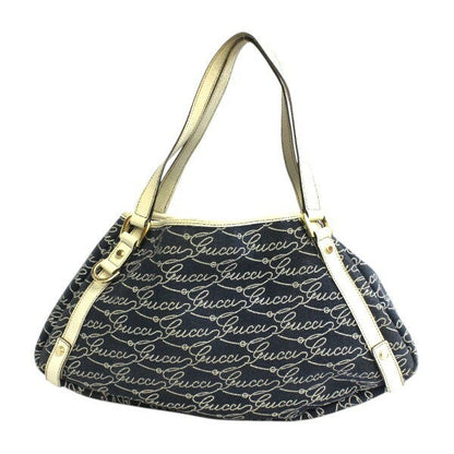 GUCCI Shoulder Bag Purse Canvas Leather Navy Off White Authentic