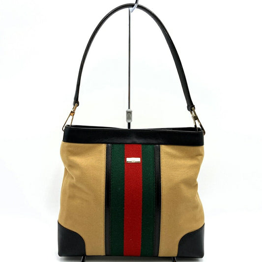 GUCCI Shoulder Bag Purse Sherry Canvas Leather Beige Authentic