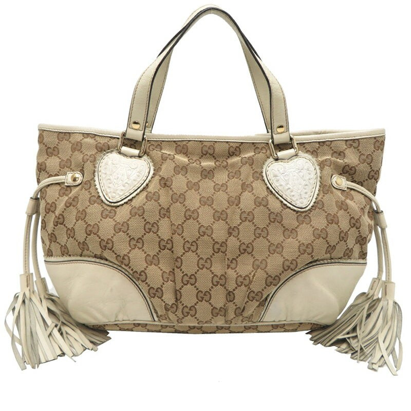 GUCCI Hand Bag Tote Purse GG Canvas Leather Beige White Authentic