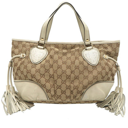 GUCCI Hand Bag Tote Purse GG Canvas Leather Beige White Authentic
