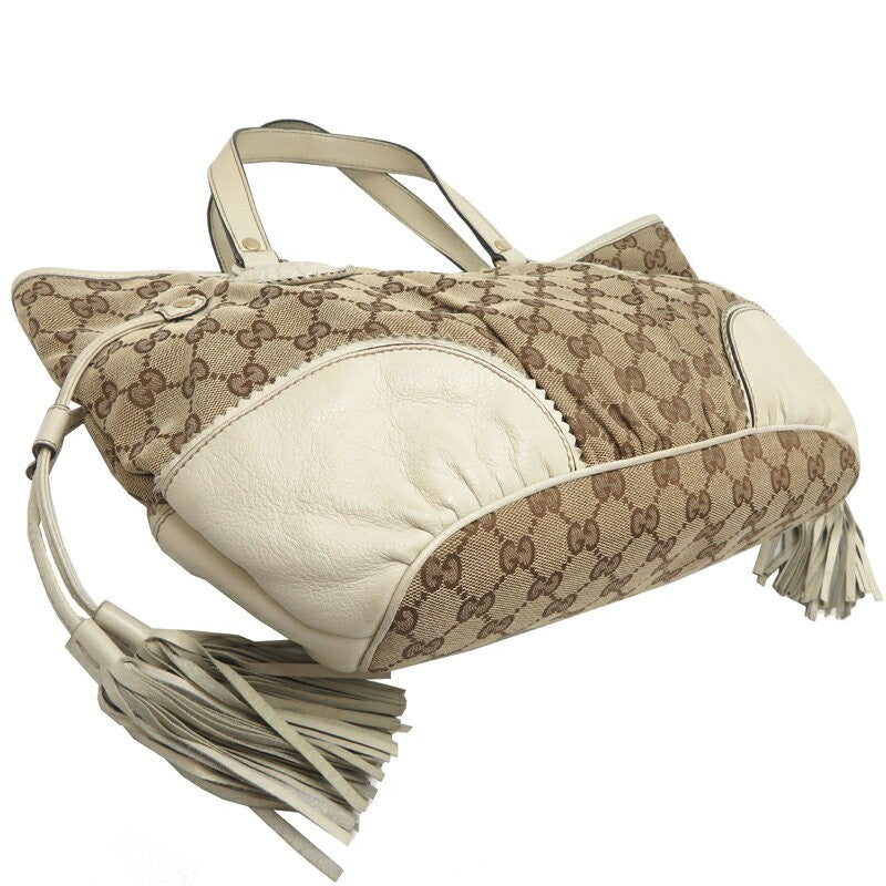 GUCCI Hand Bag Tote Purse GG Canvas Leather Beige White Authentic