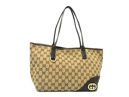 GUCCI Hand Bag Tote Purse GG Canvas Leather Beige Brown Authentic