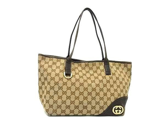 GUCCI Hand Bag Tote Purse GG Canvas Leather Beige Brown Authentic