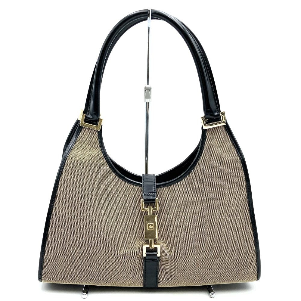 GUCCI Hand Bag Tote Purse Canvas Leather Gray Authentic