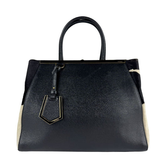 FENDI Hand Bag Tote Purse Leather Black White Authentic