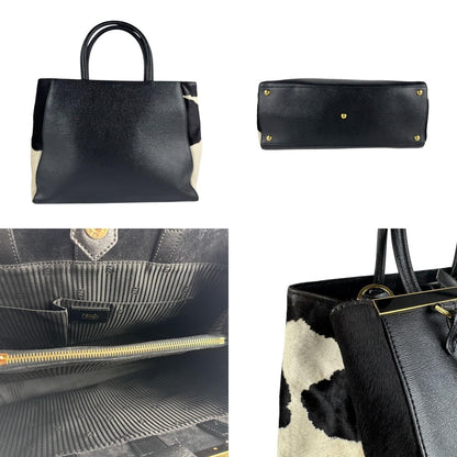 FENDI Hand Bag Tote Purse Leather Black White Authentic