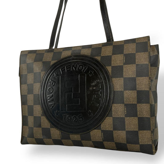 FENDI Hand Bag Tote Purse FF Pecan PVC Leather Brown Black Authentic