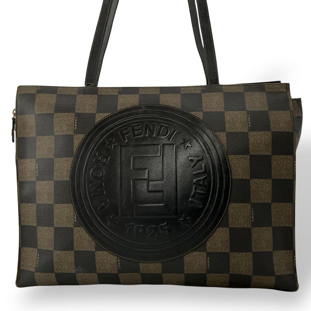 FENDI Hand Bag Tote Purse FF Pecan PVC Leather Brown Black Authentic