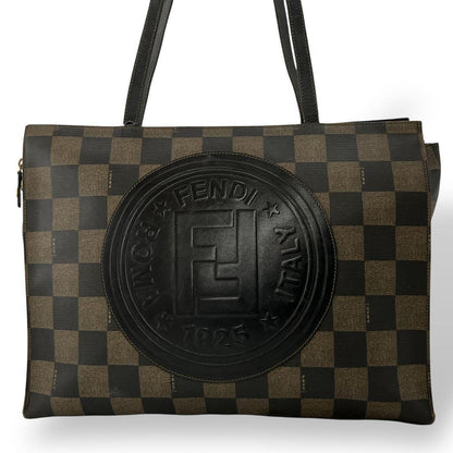 FENDI Hand Bag Tote Purse FF Pecan PVC Leather Brown Black Authentic
