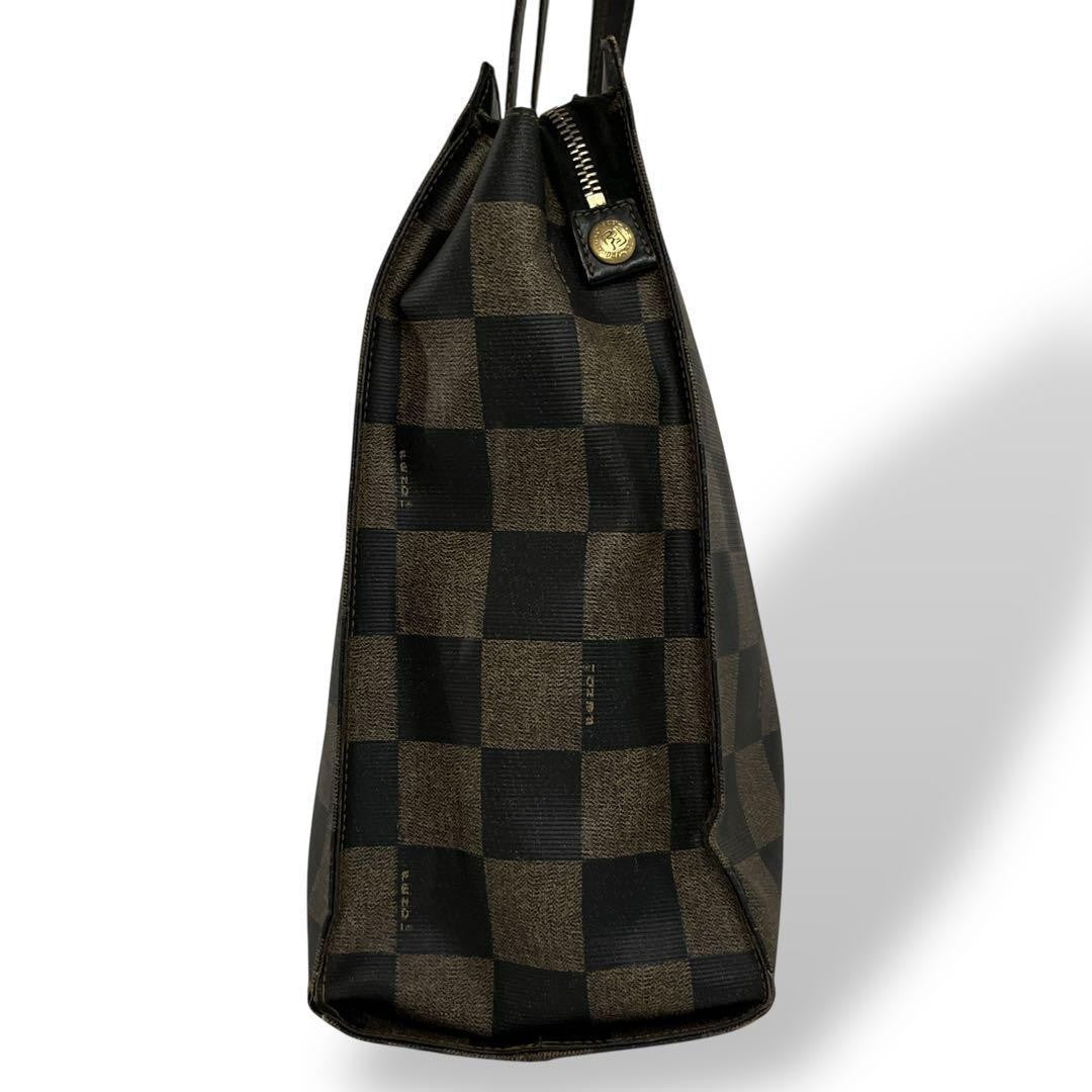 FENDI Hand Bag Tote Purse FF Pecan PVC Leather Brown Black Authentic