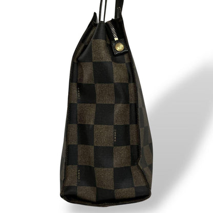 FENDI Hand Bag Tote Purse FF Pecan PVC Leather Brown Black Authentic