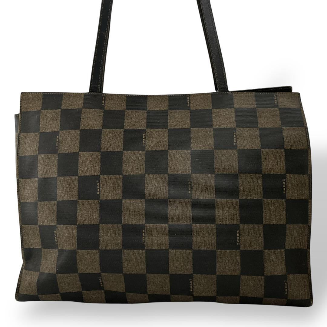 FENDI Hand Bag Tote Purse FF Pecan PVC Leather Brown Black Authentic