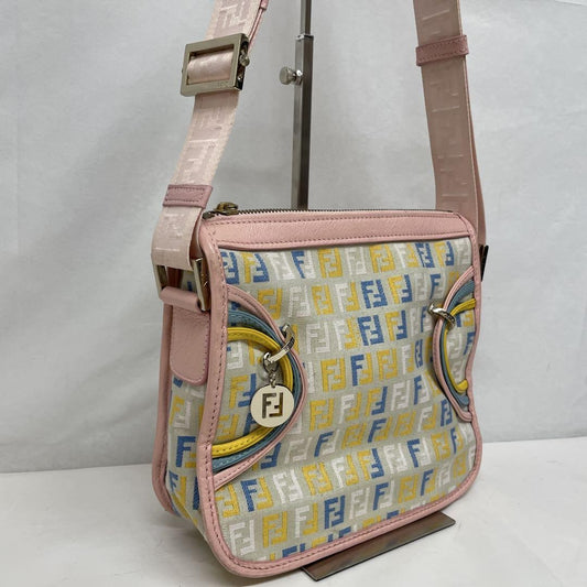 FENDI Shoulder Bag Purse FF Zucchino Canvas Leather Multicolor Authentic