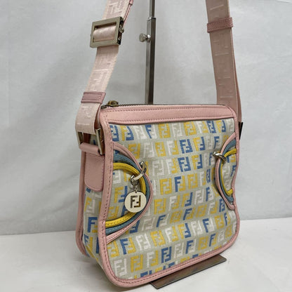 FENDI Shoulder Bag Purse FF Zucchino Canvas Leather Multicolor Authentic