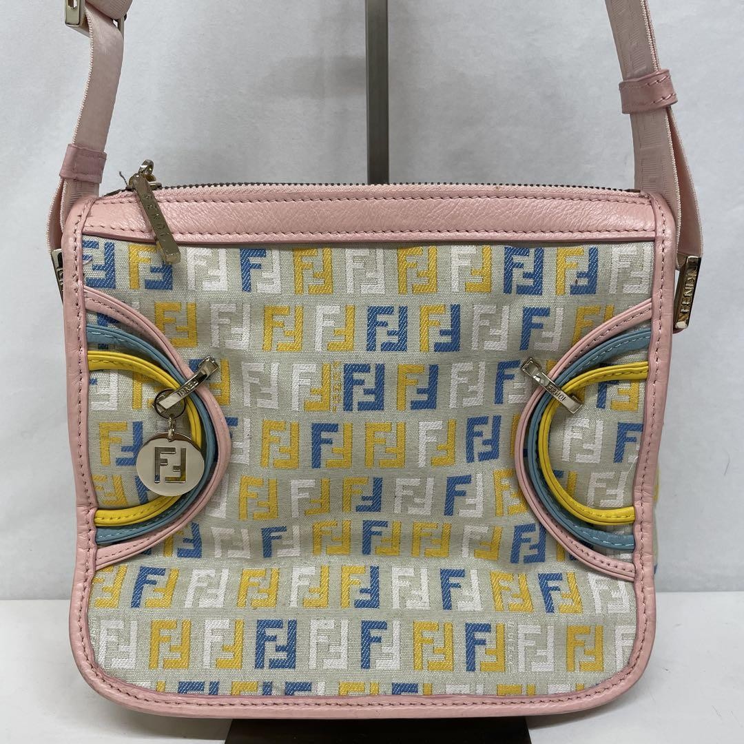 FENDI Shoulder Bag Purse FF Zucchino Canvas Leather Multicolor Authentic
