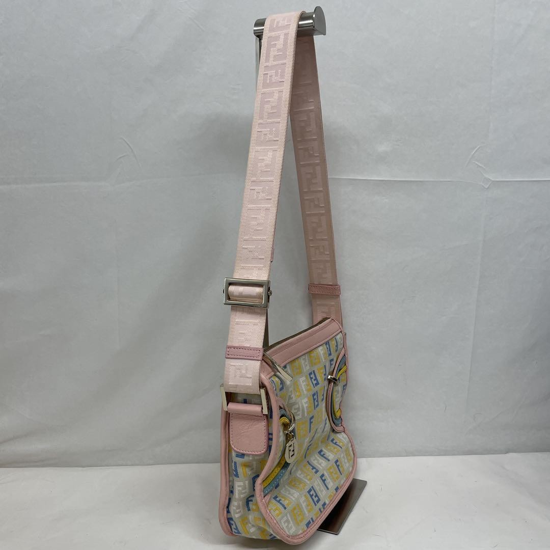 FENDI Shoulder Bag Purse FF Zucchino Canvas Leather Multicolor Authentic