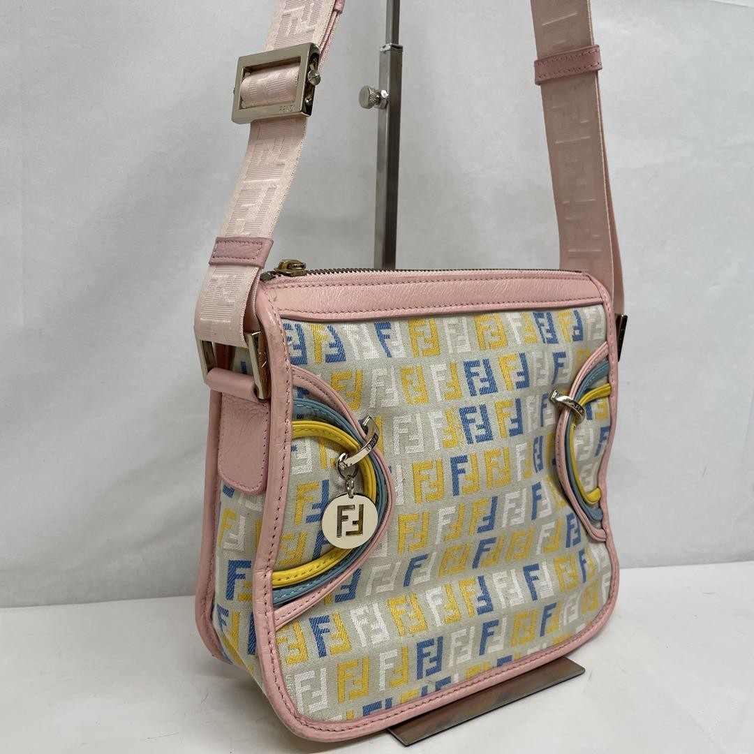 FENDI Shoulder Bag Purse FF Zucchino Canvas Leather Multicolor Authentic
