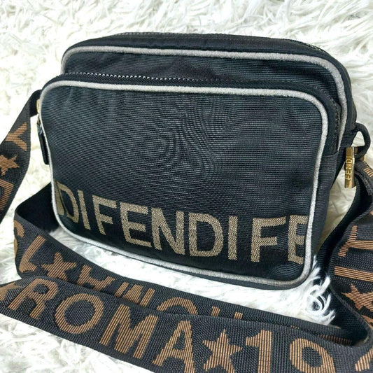 FENDI Shoulder Camera Bag Purse Logo Nylon Black Authentic