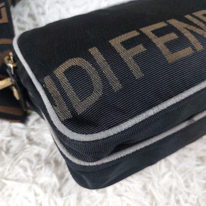 FENDI Shoulder Camera Bag Purse Logo Nylon Black Authentic