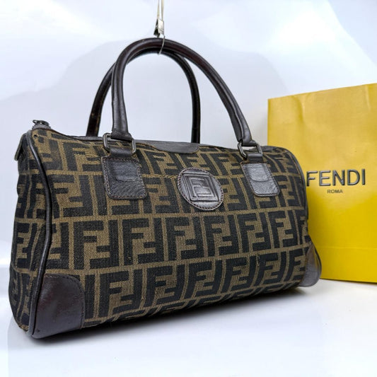 FENDI Mini Boston Bag Hand Bag Tote Purse FF Zucca Canvas Leather Brown Black