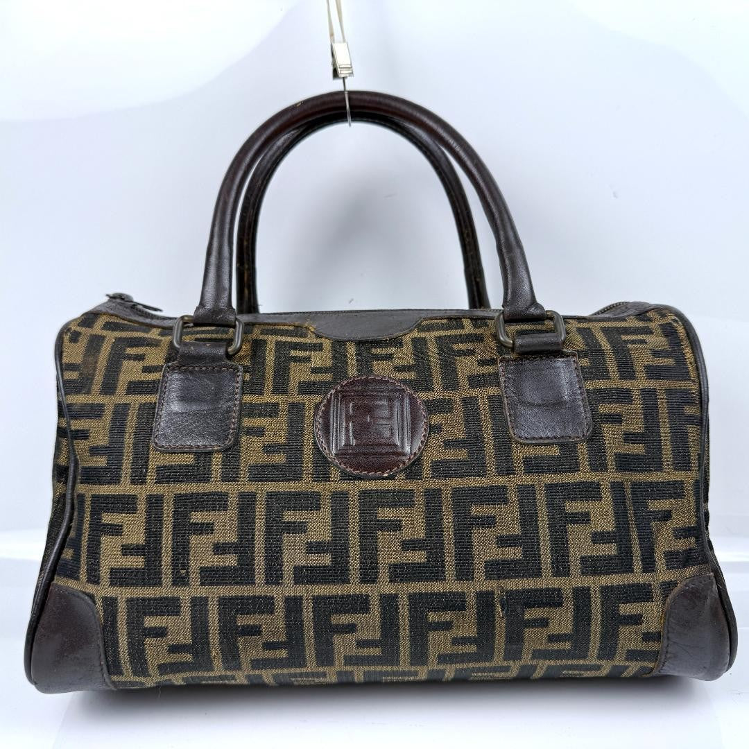 FENDI Mini Boston Bag Hand Bag Tote Purse FF Zucca Canvas Leather Brown Black