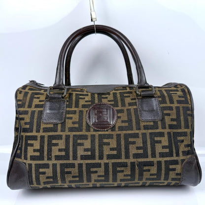 FENDI Mini Boston Bag Hand Bag Tote Purse FF Zucca Canvas Leather Brown Black