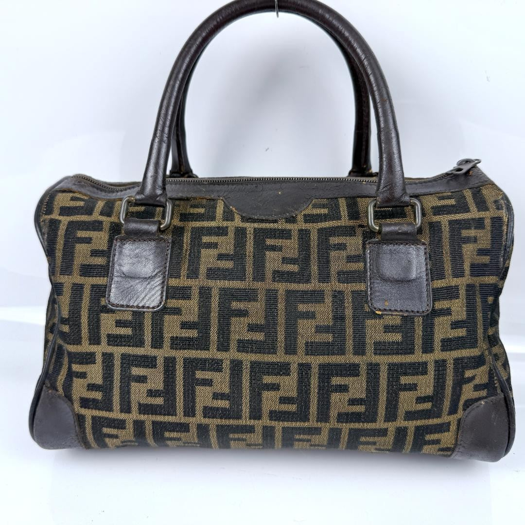 FENDI Mini Boston Bag Hand Bag Tote Purse FF Zucca Canvas Leather Brown Black