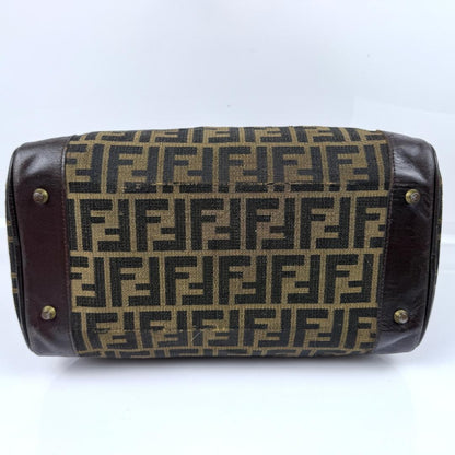FENDI Mini Boston Bag Hand Bag Tote Purse FF Zucca Canvas Leather Brown Black