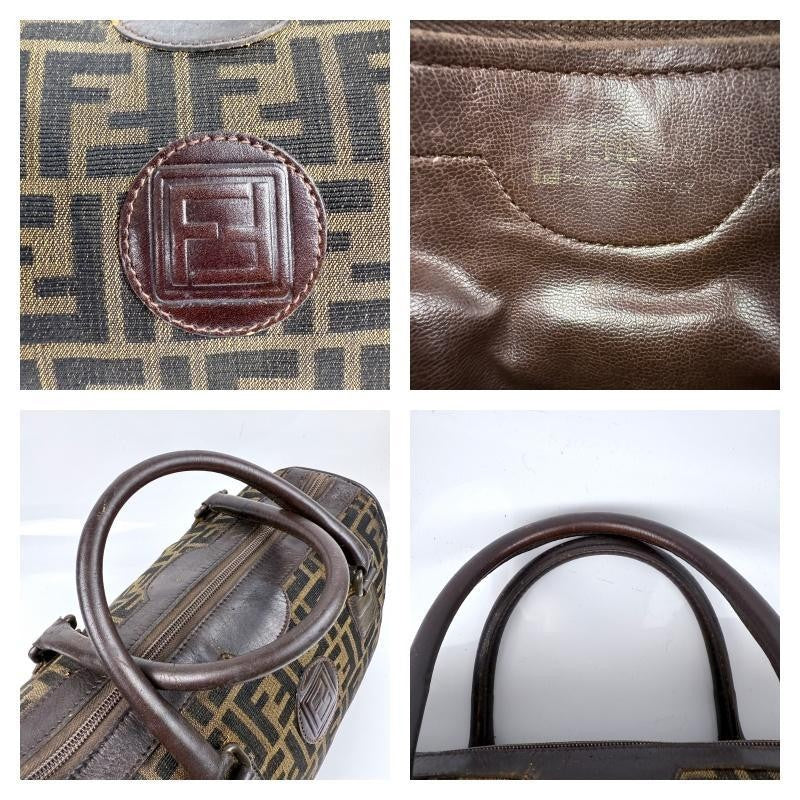 FENDI Mini Boston Bag Hand Bag Tote Purse FF Zucca Canvas Leather Brown Black