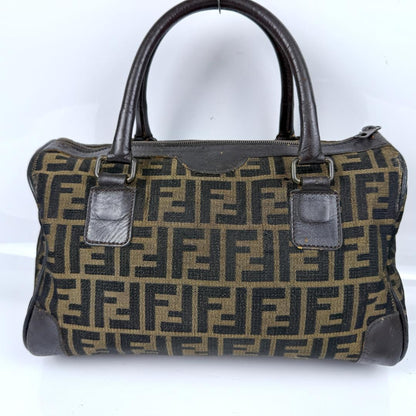 FENDI Mini Boston Bag Hand Bag Tote Purse FF Zucca Canvas Leather Brown Black