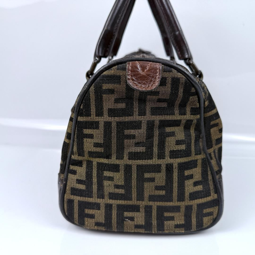 FENDI Mini Boston Bag Hand Bag Tote Purse FF Zucca Canvas Leather Brown Black